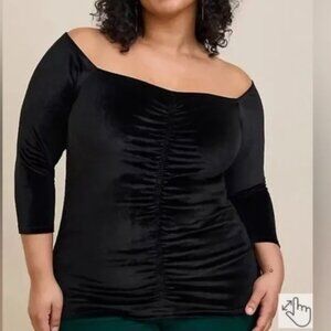 Torrid Size Black Velvet Shirred Front Off Shoulder Top Size 3